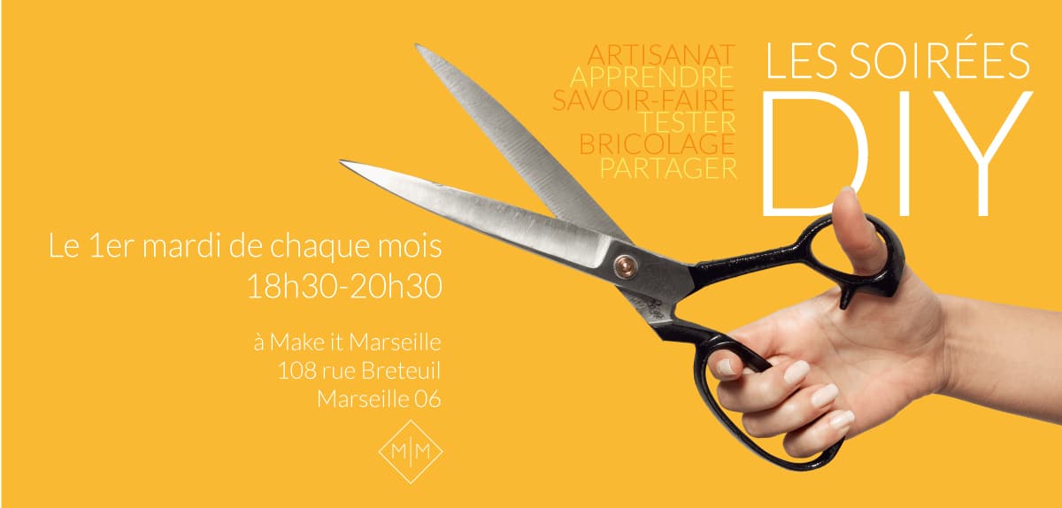 Soirée Do it Yourself, atelier DIY, marseille, afterwork créatif, fabriquer soi-même, apprendre, artisanat, makerspace, bijouterie, sérigraphie, bricolage, couture, déco, craftbooking, reliure, cosmétique, zéro déchet,