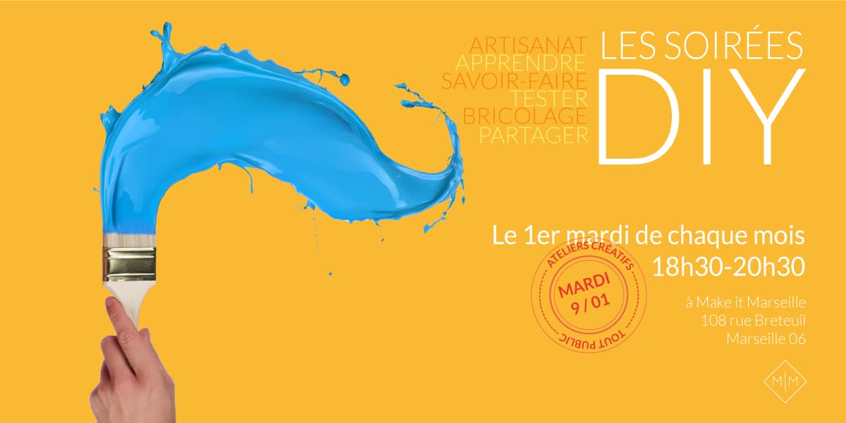 Soirée Do it Yourself, atelier DIY, marseille, afterwork créatif, fabriquer soi-même, apprendre, artisanat, makerspace, bijouterie, sérigraphie, bricolage, couture, déco, craftbooking, reliure, cosmétique, zéro déchet,